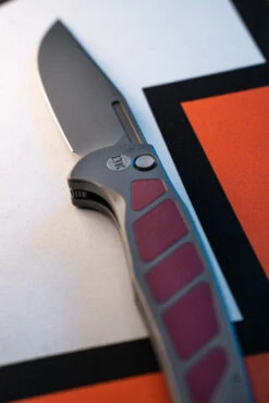 LuvThemKnives Rezult Button Lock, Finger Flicker & Flipper Pocket Knife Titanium Handle Burgundy G10 Inlay 20CV Steel LTK-609-1 -Sharp Knife Shop DSC0799 45778.1691170665