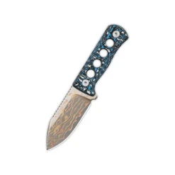 QSP Canary Fixed Blade Knife Black/Blue Carbon Fiber Handle Brass Copper Damascus Blade Plain Edge QS141-G